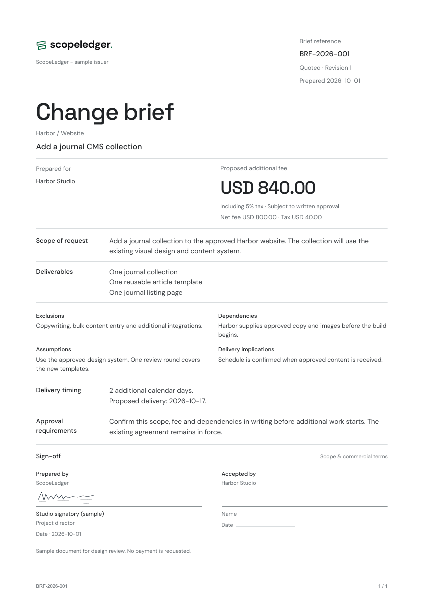ScopeLedger demonstration brief for Harbor: journal collection, scope, deliverables, USD 840 including tax, two additional delivery days and sign-off areas.